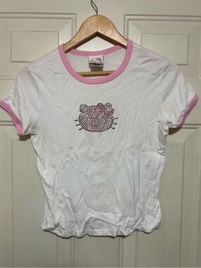 Vintage Y2K Hello Kitty Rhinestone Baby Tee Pink Ringer Top Sanrio XL